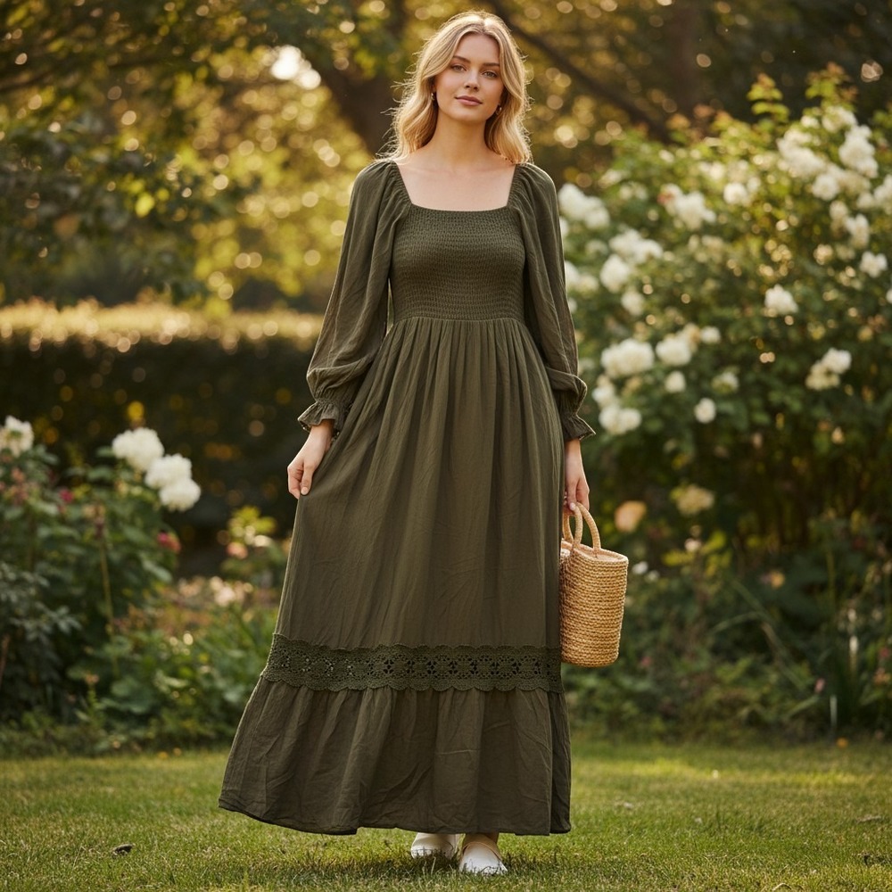 Zessica sz XL olive green smocked long balloon sleeve maxi boho dress JJ